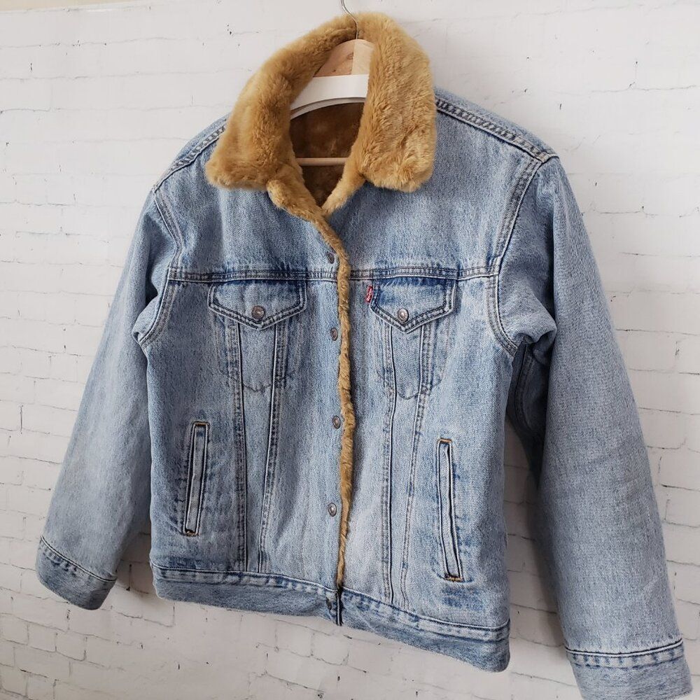 Levis Faux Fur Lined Denim Trucker Jean Jacket Size XS Oversized Anthro Blue - Picture 3 of 13